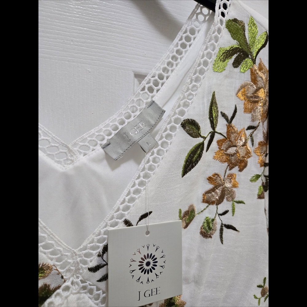 J GEE Bohemian White Floral Lace-Trim V-Neck Tunic Dresz Sz L - Picture 4 of 7